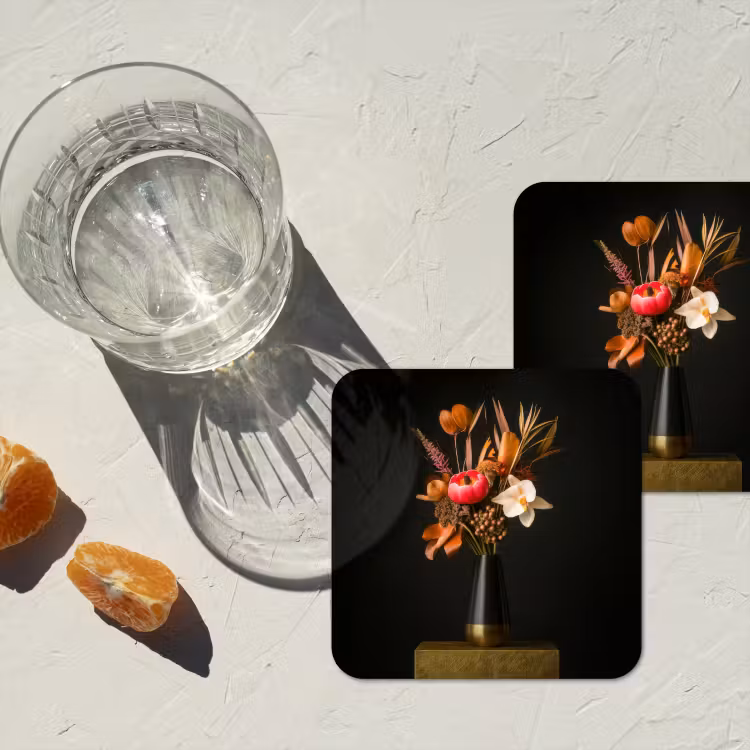 Boeket - Oranje - Gouden - vaas onderzetter kurk middel -sfeer4