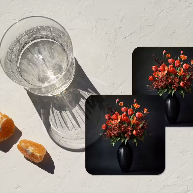 Boeket - Tulpen - Vaas - Rood onderzetter kurk middel -sfeer4
