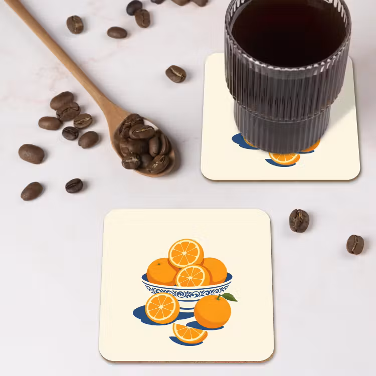 Schaal - Minimalistisch - Oranje - Sinaasappels onderzetter kurk middel -sfeer2