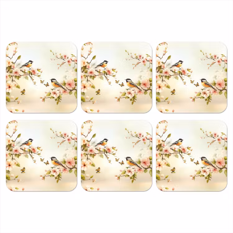 Takken - Bloemen - Vogeltjes - Roze onderzetter kurk middel -3d