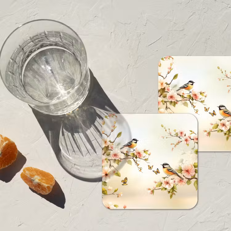 Takken - Bloemen - Vogeltjes - Roze onderzetter kurk middel -sfeer4