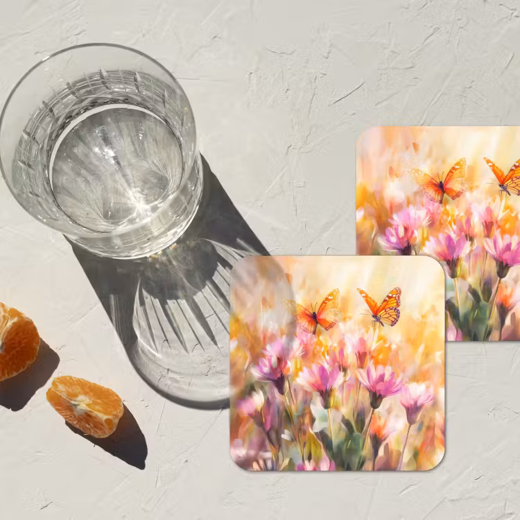 Vlinders - Oranje - Bloemen onderzetter kurk middel -sfeer4