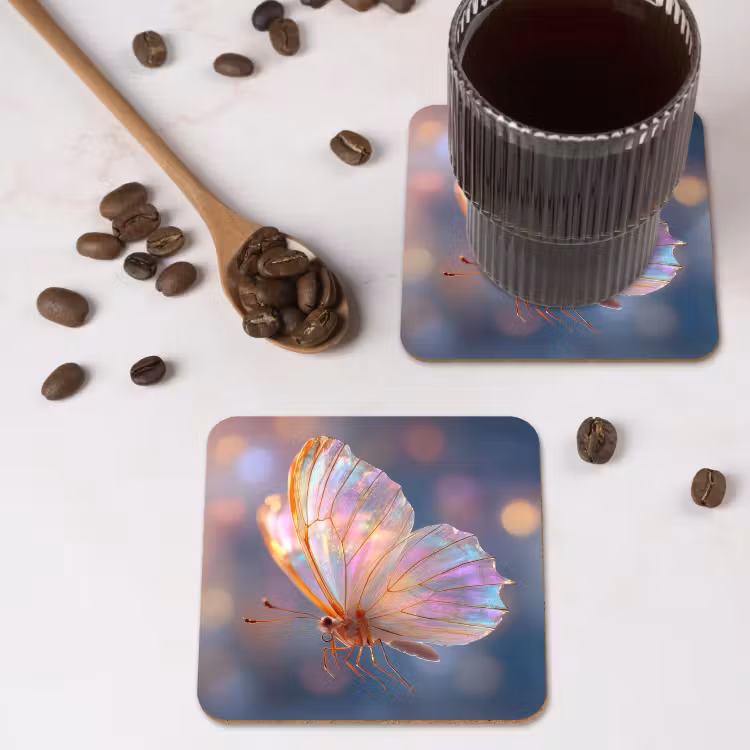 Vlinder - Vleugels - Pastel - Glinstering onderzetter kurk middel -sfeer2
