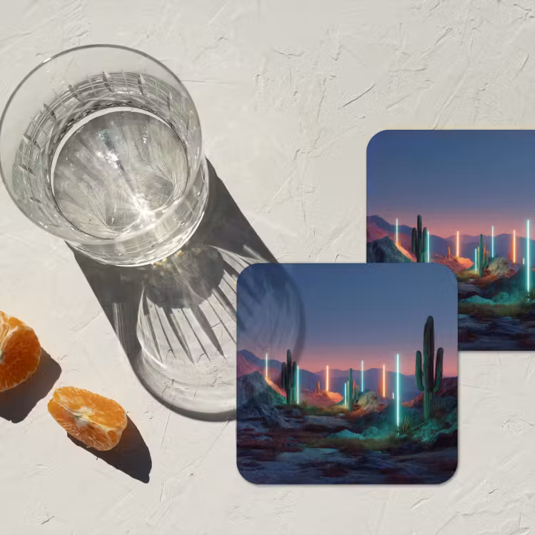 Cactus - Lichtzuilen - Zonsondergang onderzetter kurk middel -sfeer4