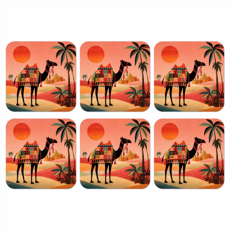 Kameel - Gekleurd tapijt - Duinen - Rode zon onderzetter kurk middel -3d