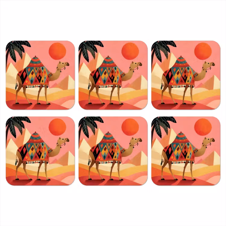 Kameel - Pyramides - Rode zon onderzetter kurk middel -3d