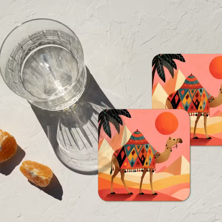 Kameel - Pyramides - Rode zon onderzetter kurk middel -sfeer4