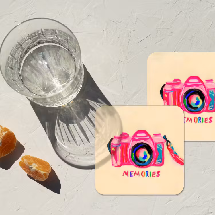 Camera - Memories - Roze - Geschilderd onderzetter kurk middel -sfeer4