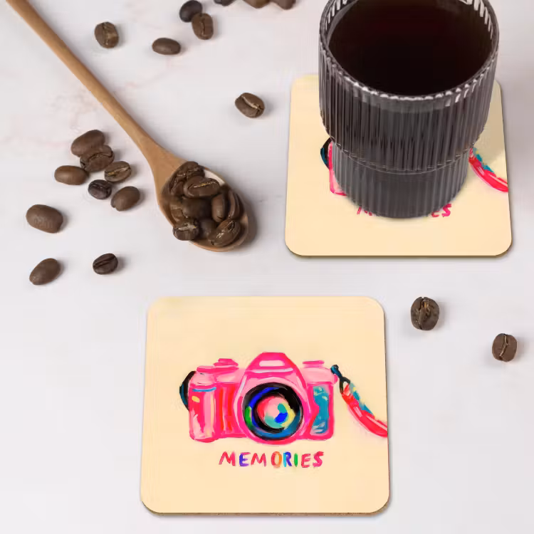 Camera - Memories - Roze - Geschilderd onderzetter kurk middel -sfeer2