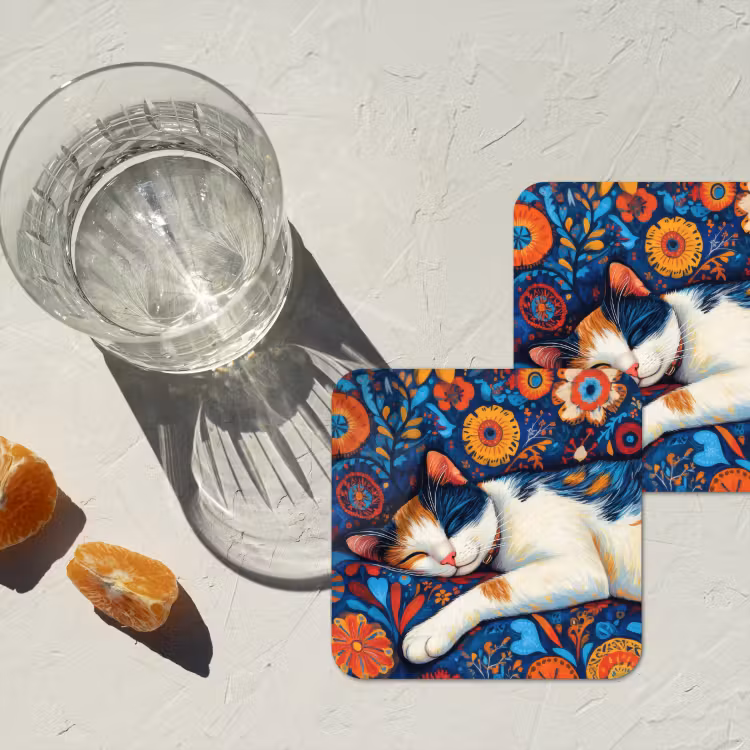 Kat - Bloemenpatroon - Blauw - Oranje onderzetter kurk middel -sfeer4