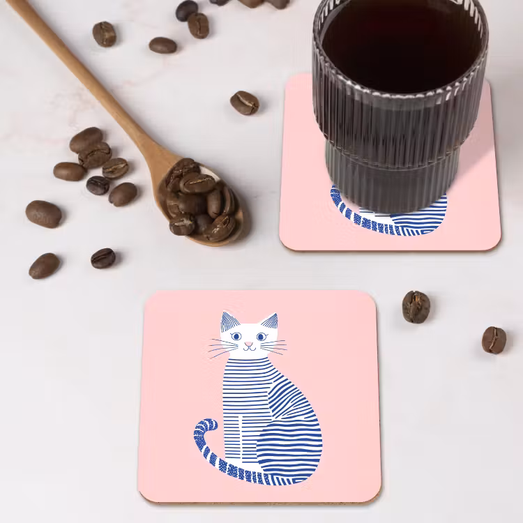 Kat - Illustratie - Minimalistisch - Roze onderzetter kurk middel -sfeer2