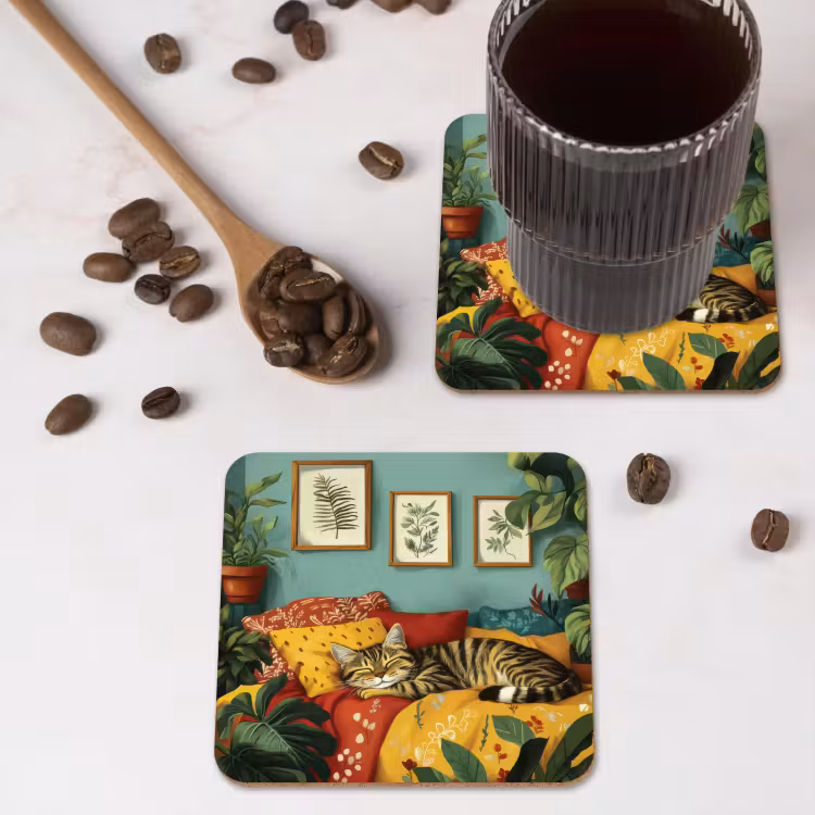 Kat - Planten - Groen onderzetter kurk middel -sfeer2