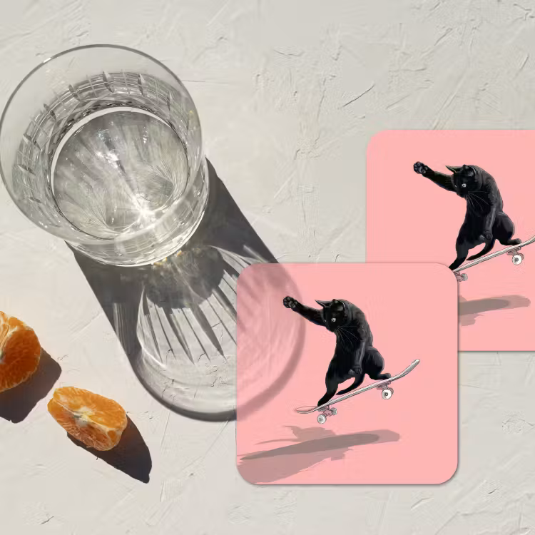 Kat - Skateboard - Roze onderzetter kurk middel -sfeer4