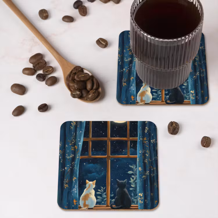 Kat - Sterrenhemel - Blauw onderzetter kurk middel -sfeer2