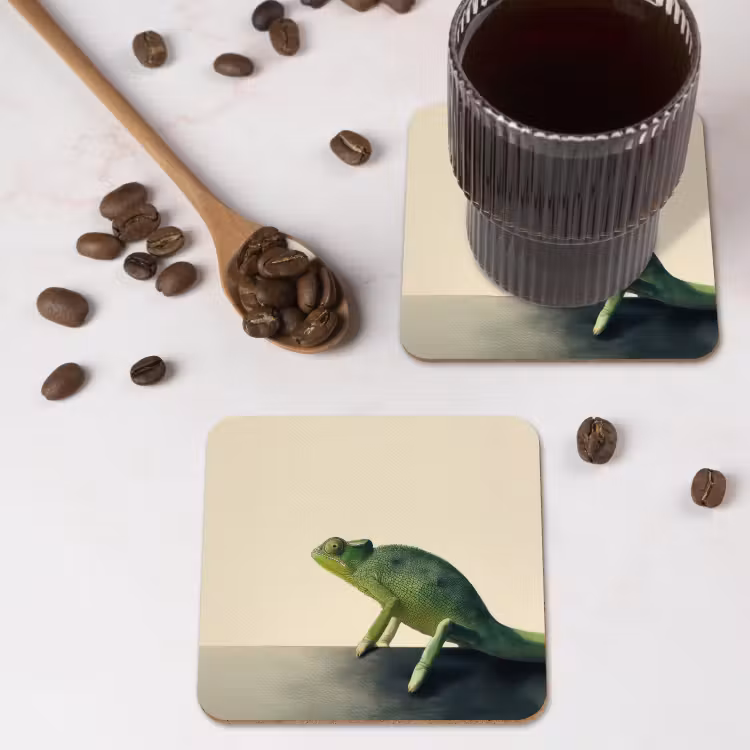 Kameleon - Groen - Minimalistisch onderzetter kurk middel -sfeer2