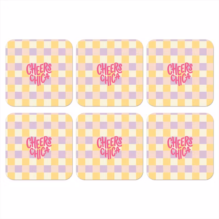 Cheers Chica - Ruitjes - Lila - Geel onderzetter kurk middel -3d