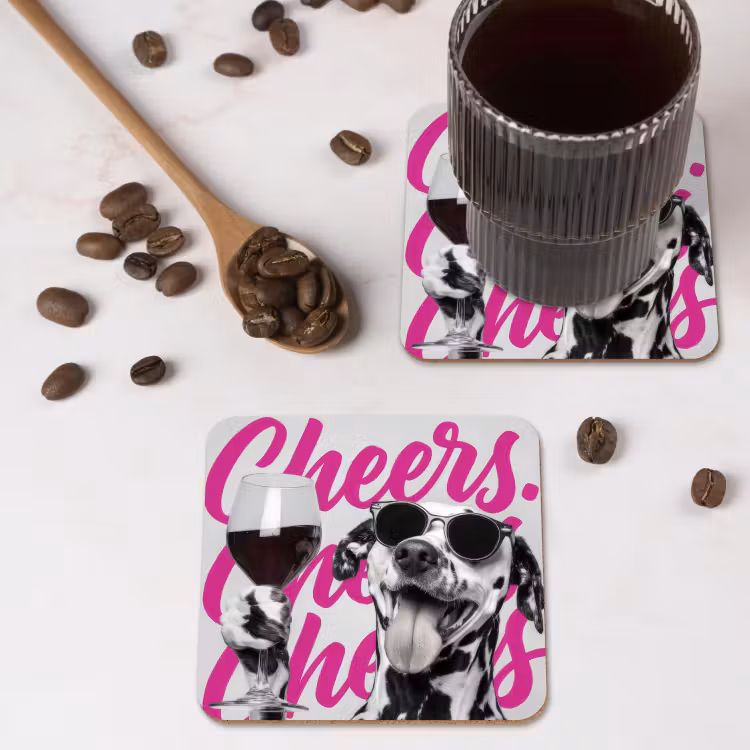 Cheers - Hond - Roze - Wijn onderzetter kurk middel -sfeer2
