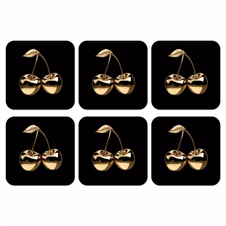 Kersen - Zwart - Goud - Chrome onderzetter kurk middel -3d