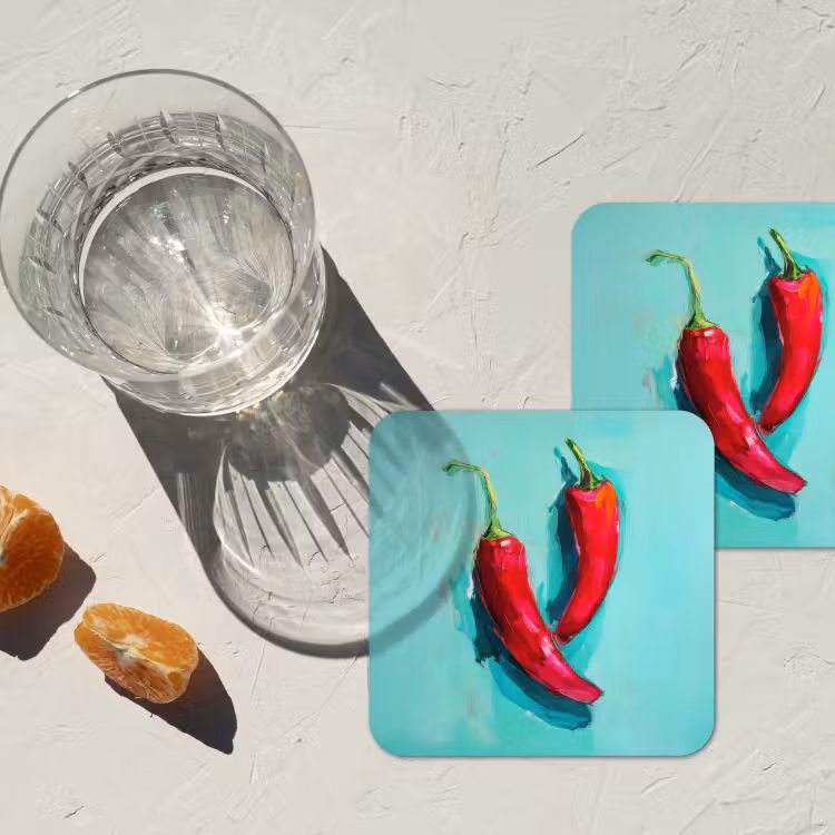Chilipepers - Geverfd - Rood onderzetter kurk middel -sfeer4