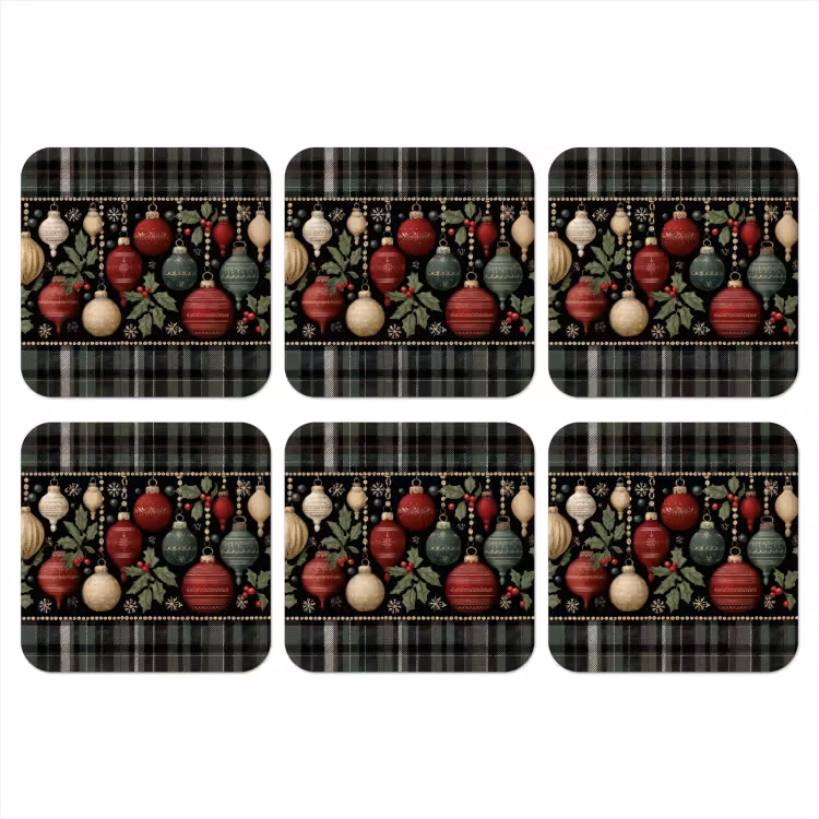 Kerstballen - Rood - Hulsttakken - Patroon onderzetter kurk middel -3d