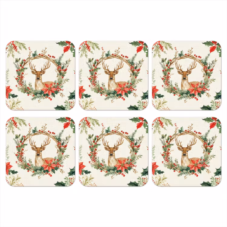 Kerstkrans - Hert - Hulst - Rood onderzetter kurk middel -3d