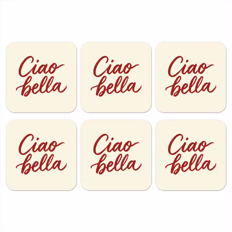 Ciao bella - Rood - Wit - Minimalistisch onderzetter kurk middel -3d