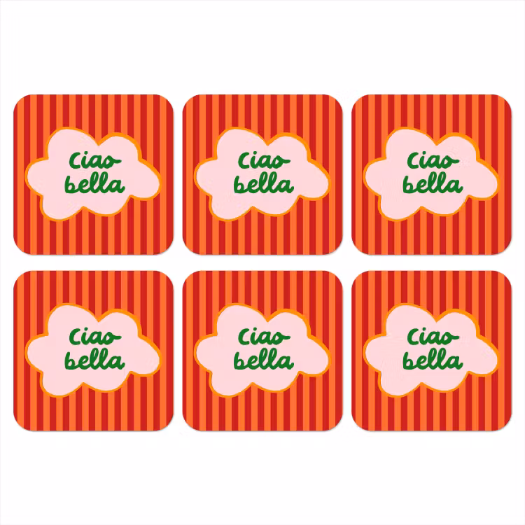 Ciao bella - Tekstwolk - Strepen - Oranje onderzetter kurk middel -3d