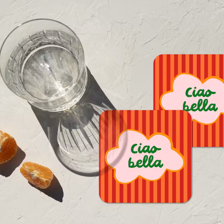 Ciao bella - Tekstwolk - Strepen - Oranje onderzetter kurk middel -sfeer4