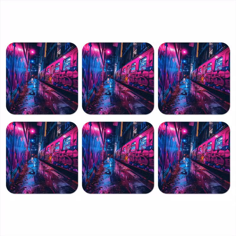 Stad - Neon -  Nacht - Roze - Graffiti onderzetter kurk middel -3d