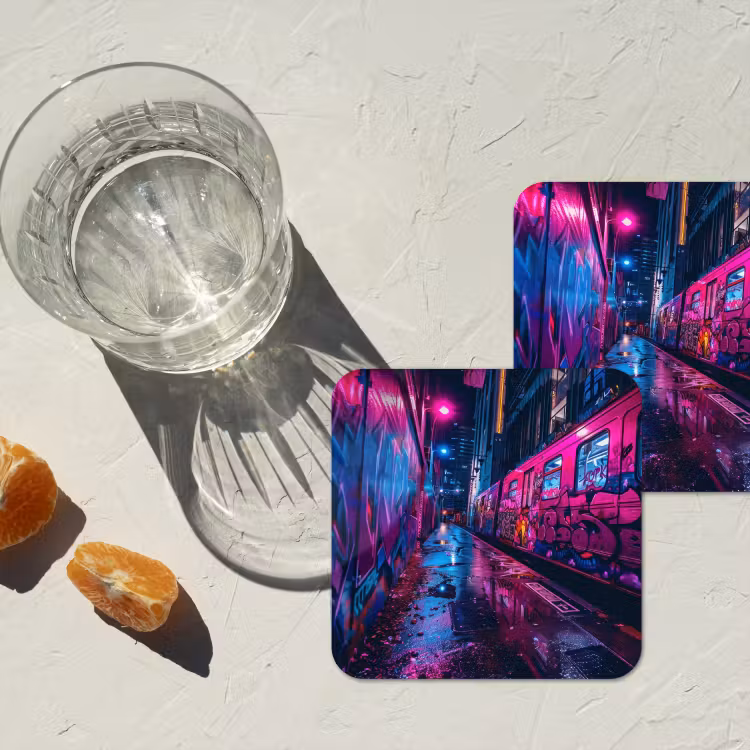 Stad - Neon -  Nacht - Roze - Graffiti onderzetter kurk middel -sfeer4