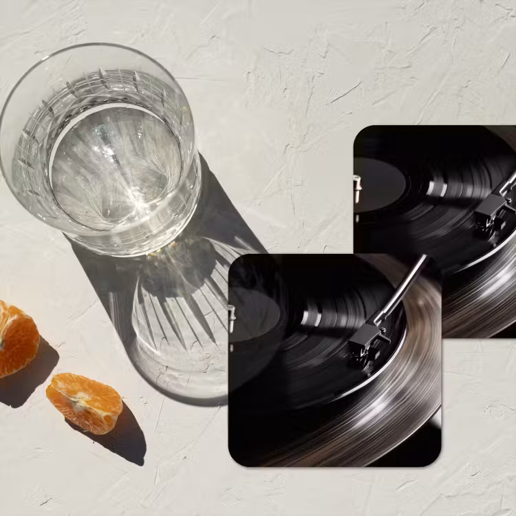 Close-up - Vinylplaat - Platenspeler - Zwart onderzetter kurk middel -sfeer4