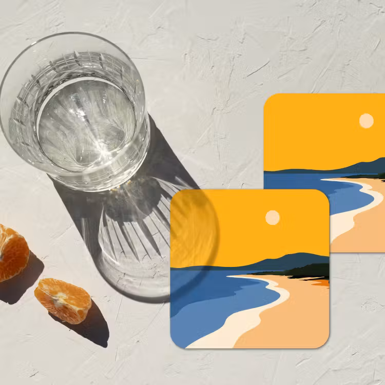 Kustlijn - Oranje lucht - Begroeiing onderzetter kurk middel -sfeer4