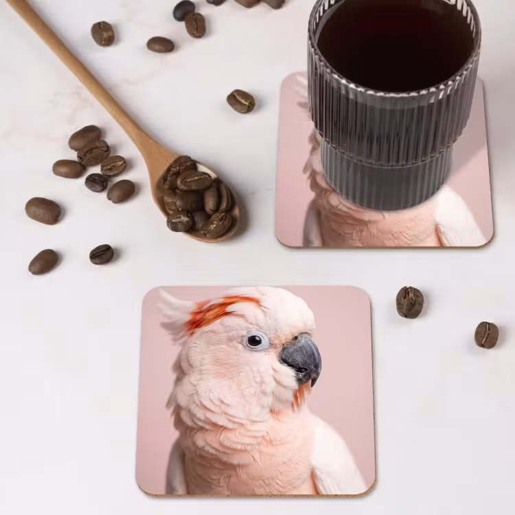 Kaketoe - Portret - Roze onderzetter kurk middel -sfeer2