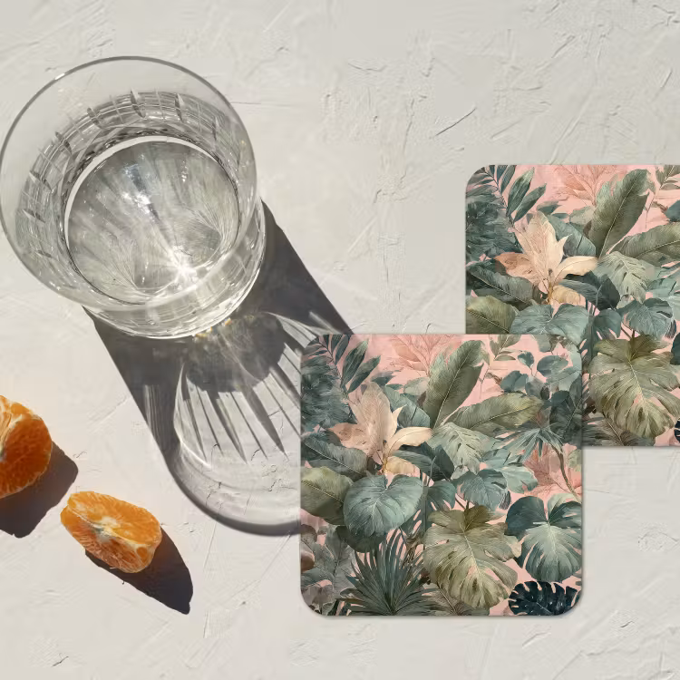 Compositie van bladeren - Groen - Roze onderzetter kurk middel -sfeer4