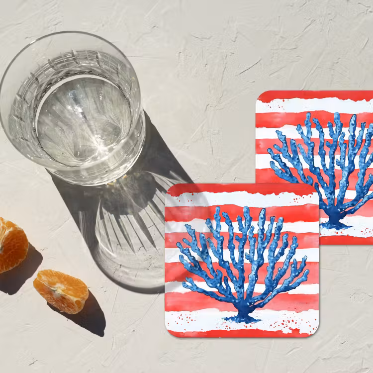 Koraal - Verfstructuur - Rood - Blauw onderzetter kurk middel -sfeer4