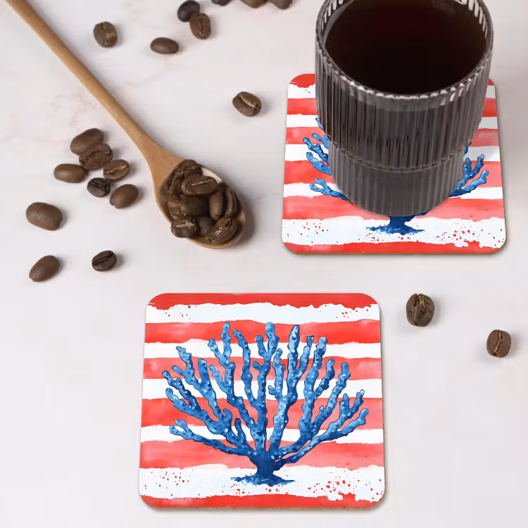 Koraal - Verfstructuur - Rood - Blauw onderzetter kurk middel -sfeer2