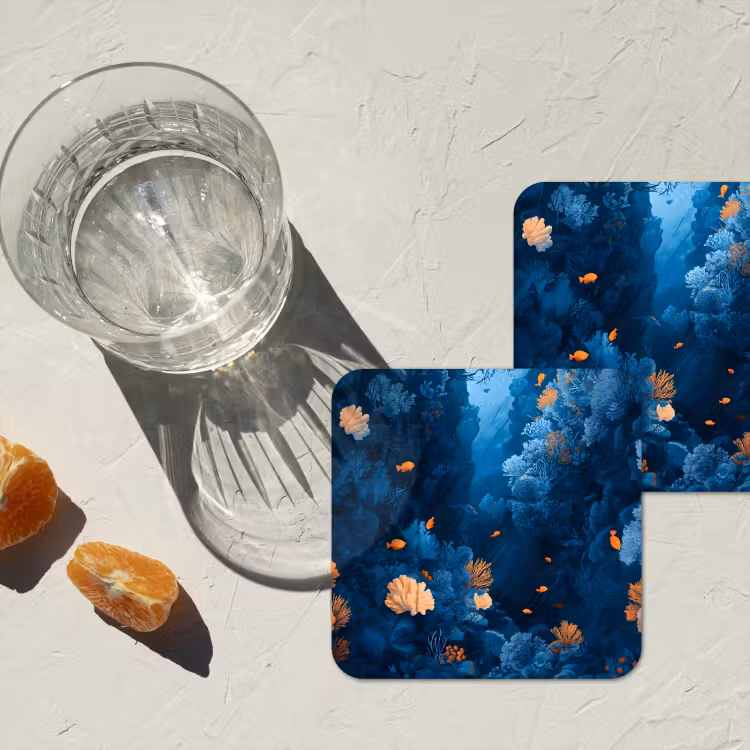 Koraalrif - Vissen - Oceaan - Blauw onderzetter kurk middel -sfeer4