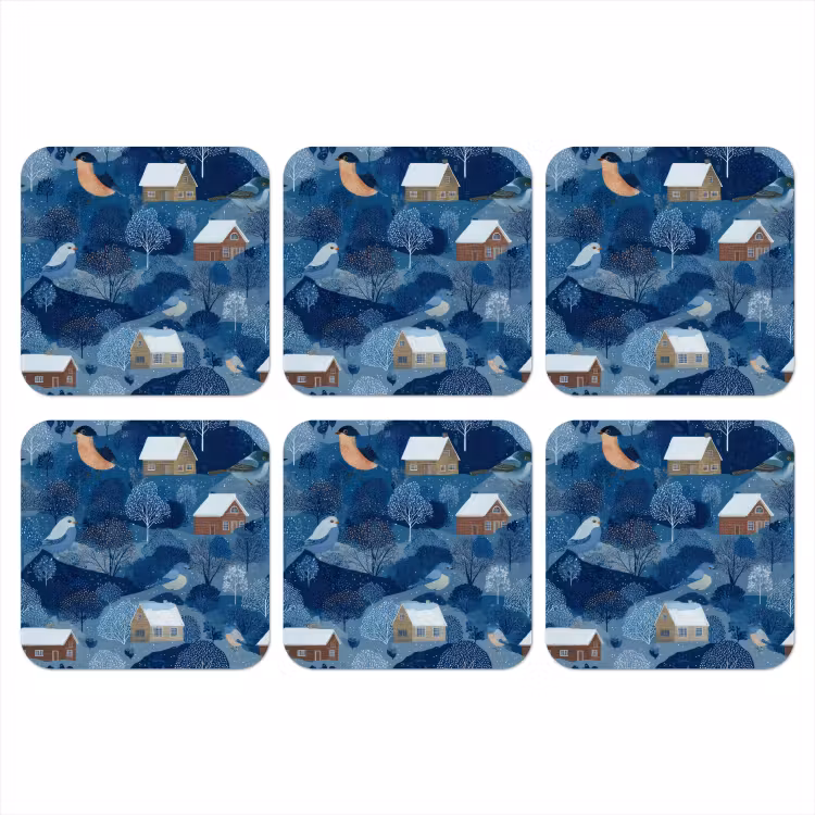 Huisjes - Vogels - Sneeuw - Winter - Blauw onderzetter kurk middel 366 -3d