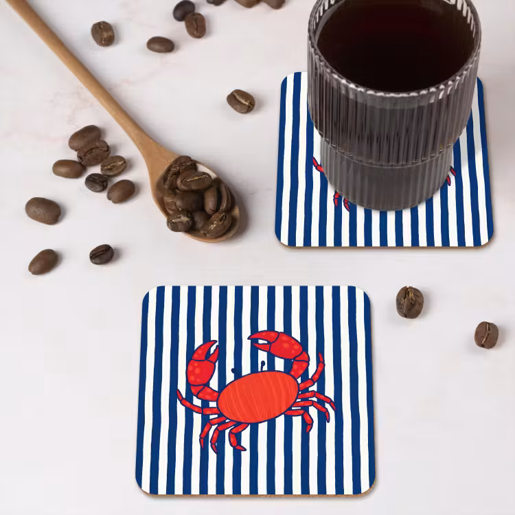 Krab - Strepen - Zeeleven - Illustratie - Rood onderzetter kurk middel -sfeer2