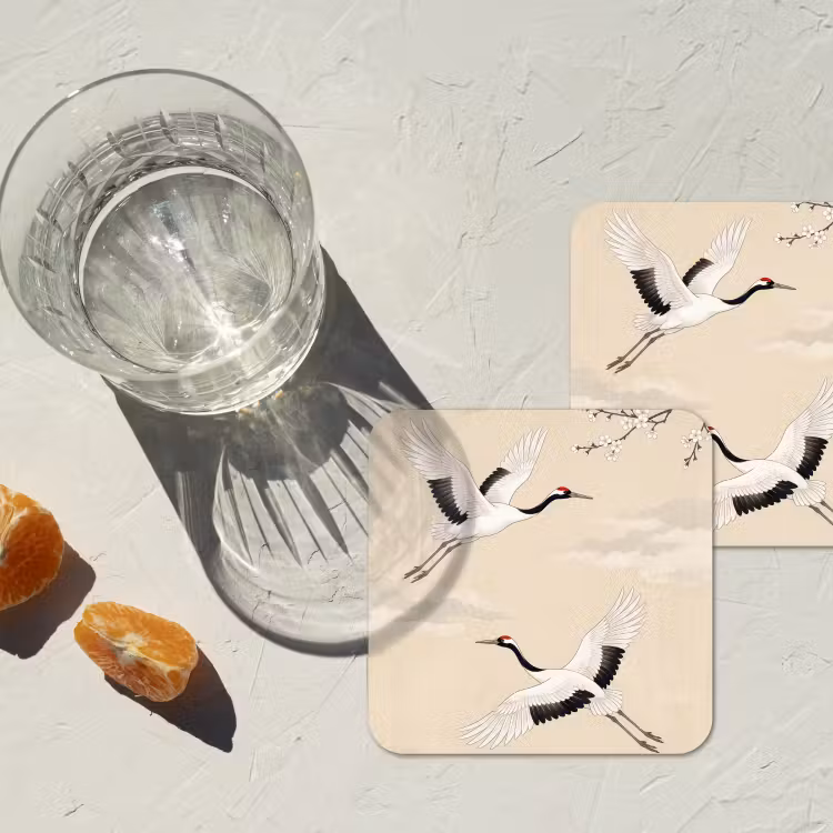 Kraanvogels - Bloesem - Beige onderzetter kurk middel -sfeer4