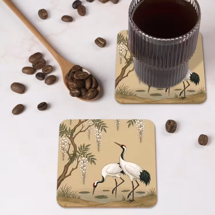 Kraanvogels - Water - Beige onderzetter kurk middel -sfeer2