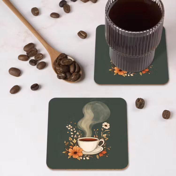 Kop - Bloemen - Groen - Koffie onderzetter kurk middel -sfeer2