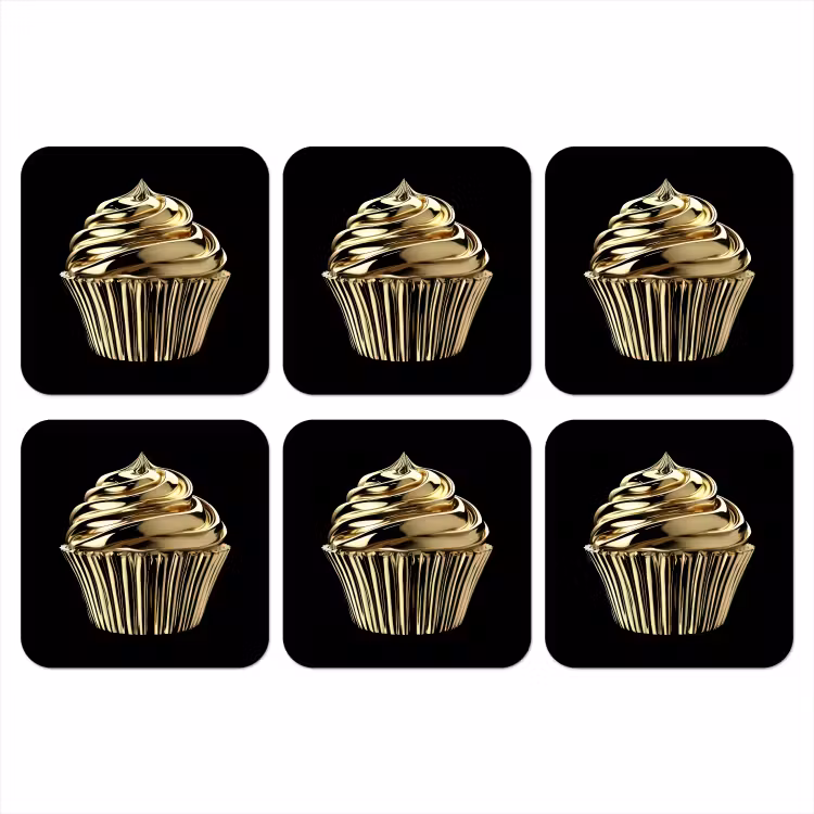 Cupcake - Eten - Goud - Zwart onderzetter kurk middel -3d