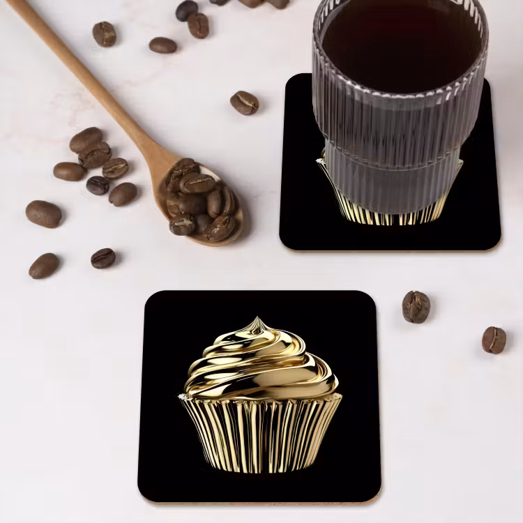 Cupcake - Eten - Goud - Zwart onderzetter kurk middel -sfeer2