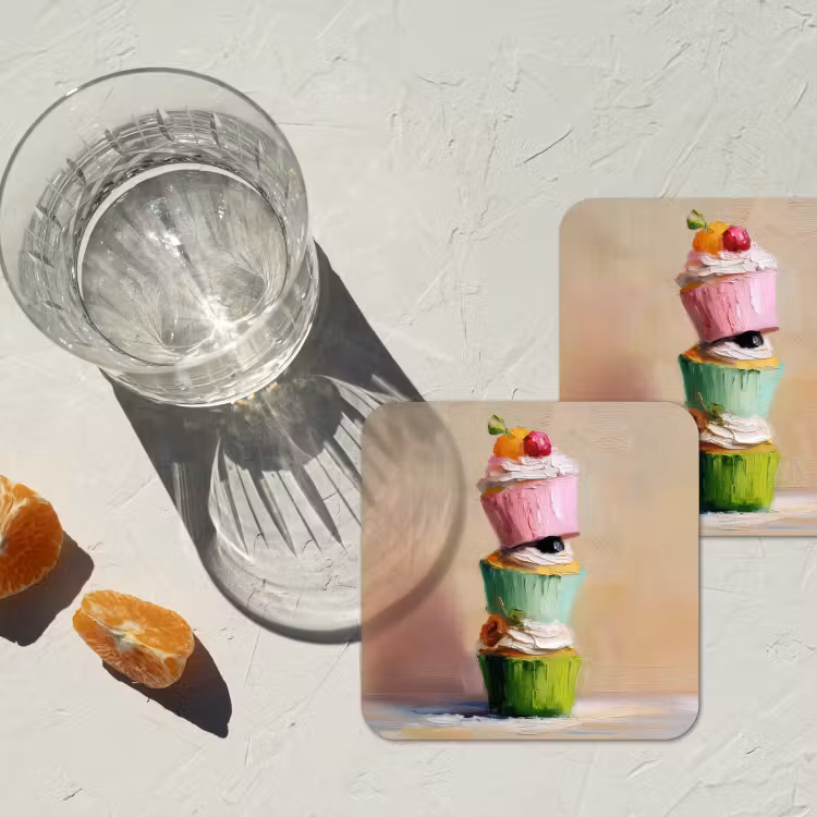 Cupcakes - Gestapeld - Kleurrijk - Fruit onderzetter kurk middel -sfeer4