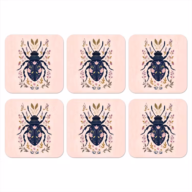 Donkerblauw - Kever - Bloemtakken - Sierlijk onderzetter kurk middel -3d
