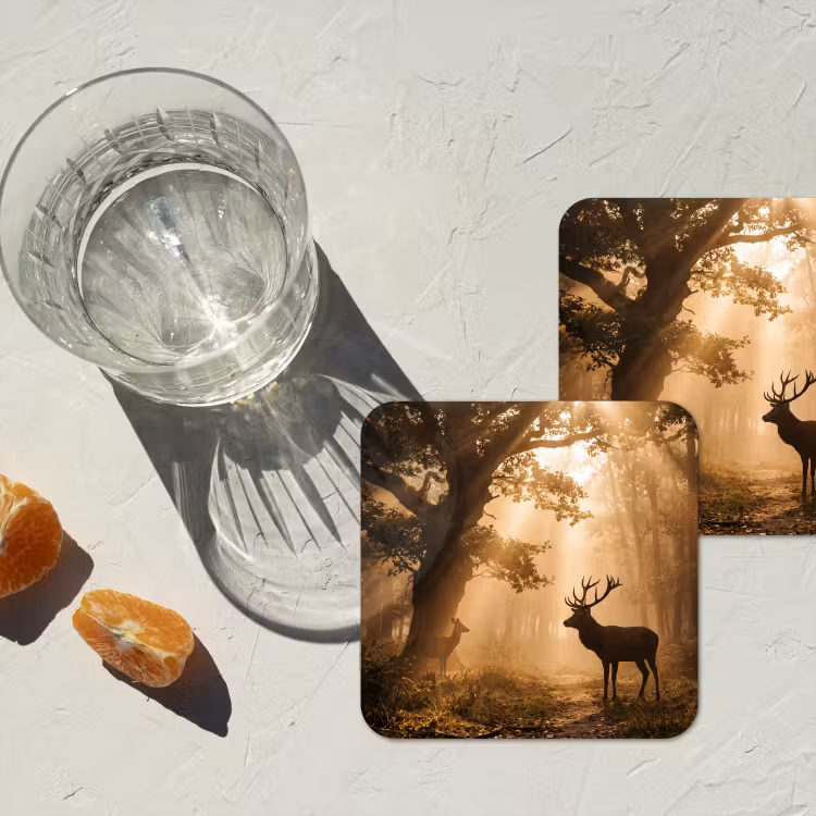 Hert - Bos - Mistig - Natuur - Goud onderzetter kurk middel -sfeer4