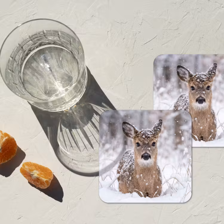 Hert - Sneeuw - Bos - Dieren - Vertederend onderzetter kurk middel -sfeer4