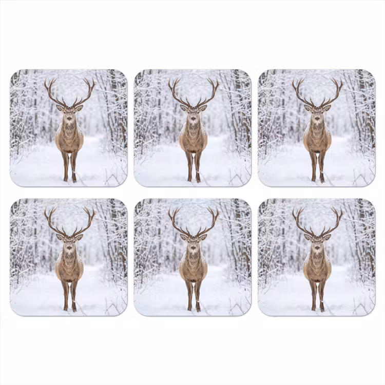 Hert - Winter - Bos - Natuur - Wit onderzetter kurk middel -3d