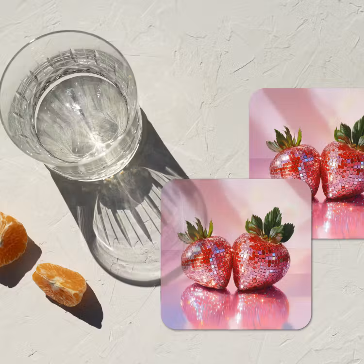 Disco - Fruit - Glitter - Strawberry onderzetter kurk middel -sfeer4